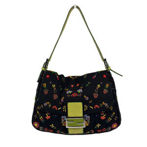 Fendi Black Knit Floral Beaded Embroidered Mamma Baguette w Green Lizard Trim